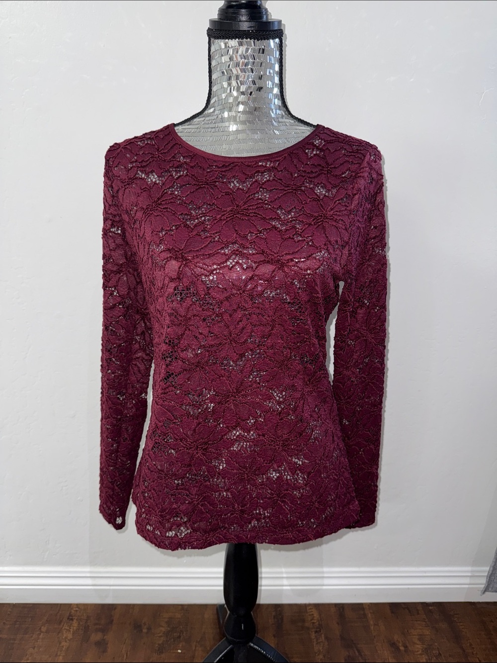 White House Black Market Burgundy Lace Long-Sleeve Tee
